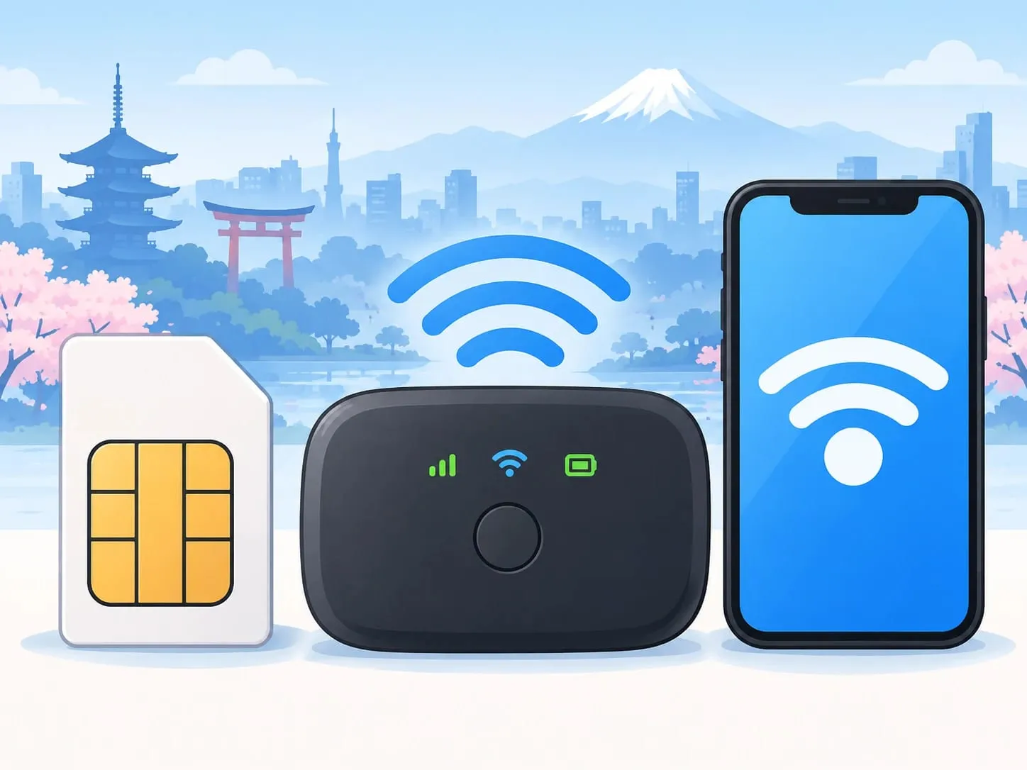 上網方式示意插圖:SIM 卡、Wi-Fi 分享器與手機,背景為日本風景