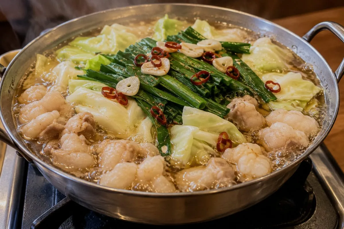 Motsunabe: A stainless-steel pot with beef offal, cabbage, garlic chives, sliced garlic and chilli