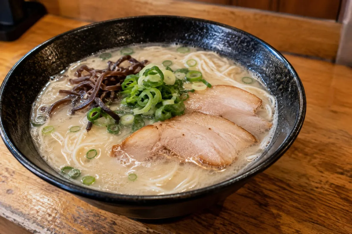 Tonkotsu ramen in a black bowl, with a milky-white broth, sliced pork, shredded wood-ear mushrooms and spring onions