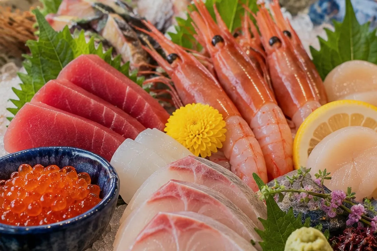 Sashimi platter: Tuna, sweet shrimp, scallops, white fish and salmon roe with lemon and wasabi