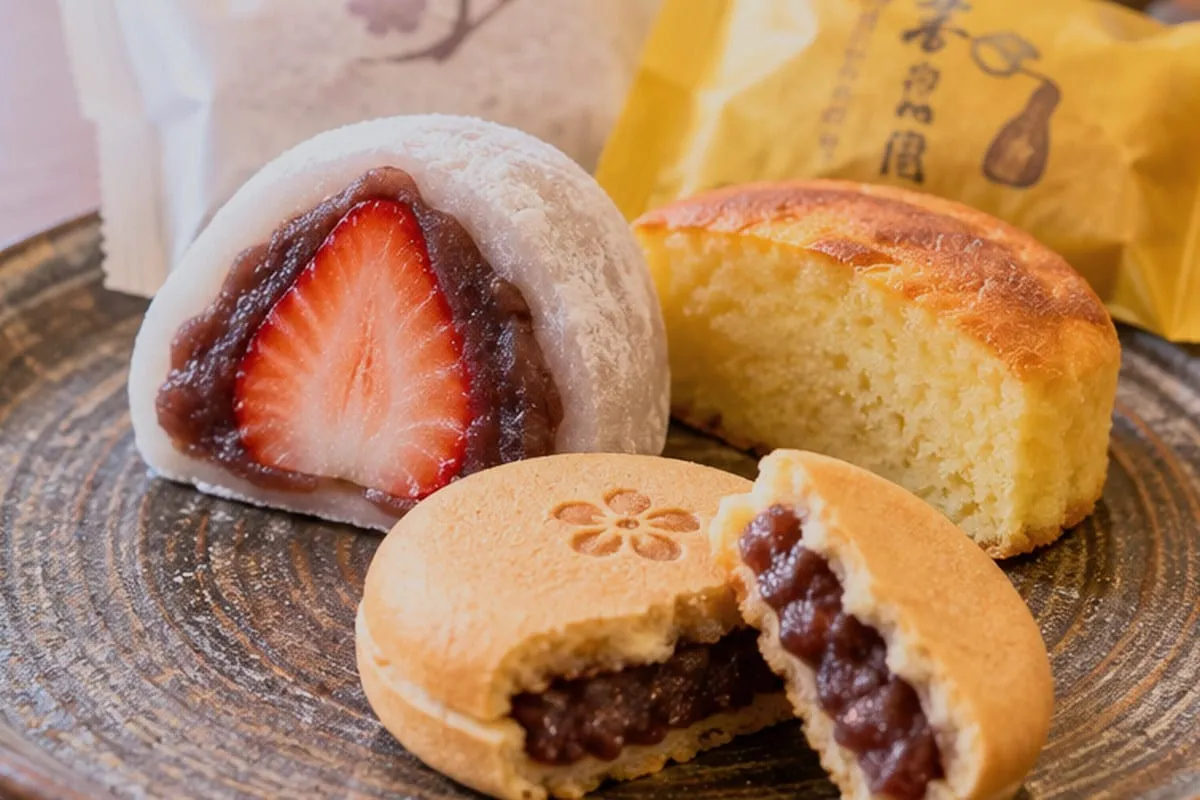 Japanese dessert selection: Strawberry daifuku, cake and a pancake filled with red bean paste
