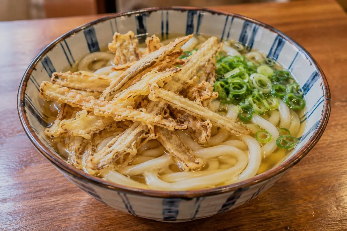 Burdock tempura udon: Udon topped with burdock tempura and chopped spring onions