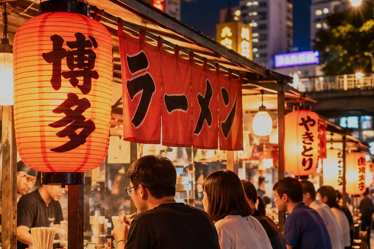Fukuoka yatai at night: A red Hakata lantern and ramen curtain, customers seated at a stall, with buildings behind