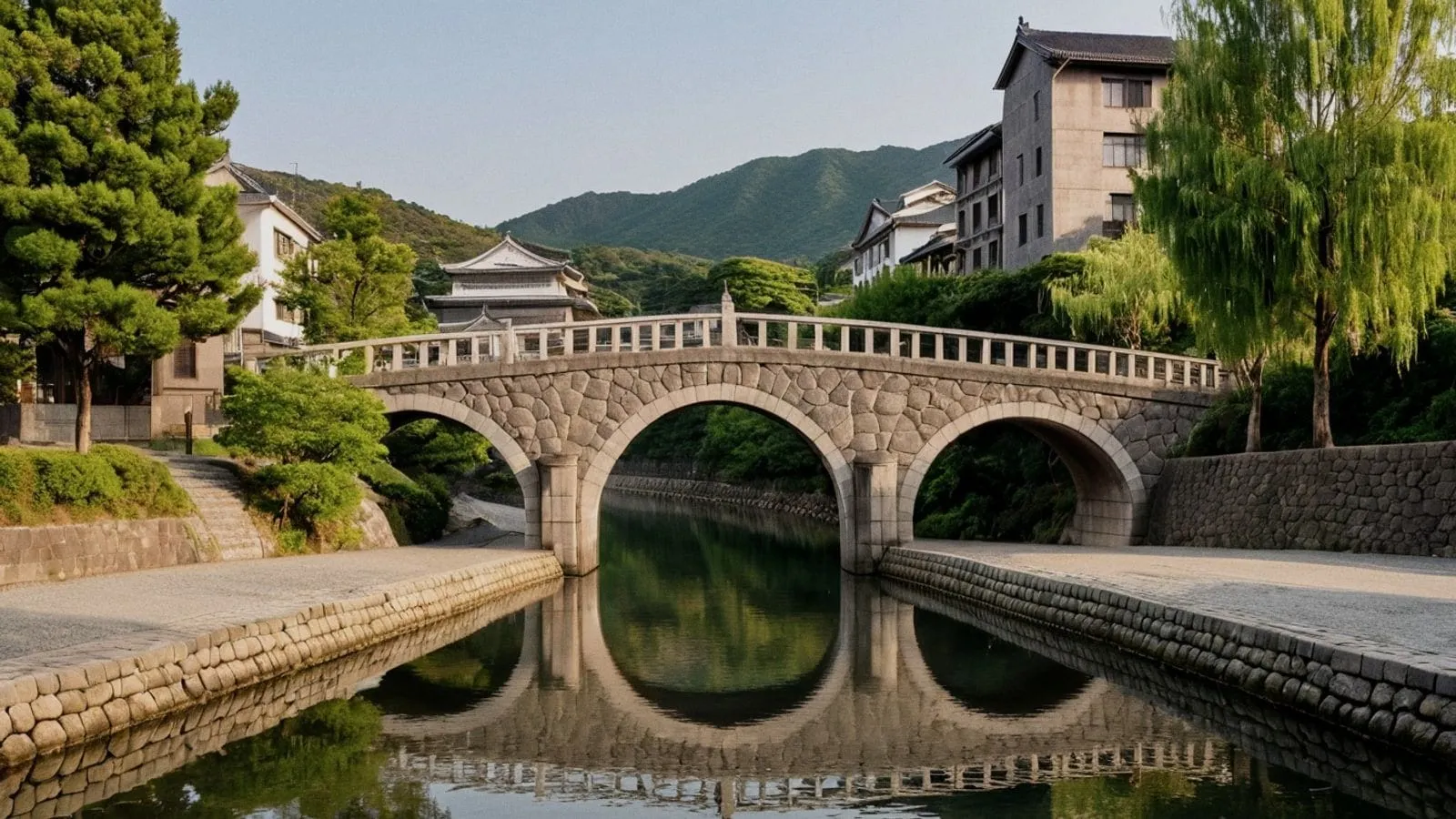 長崎中島川上的眼鏡橋，雙圓拱倒映在溪水中