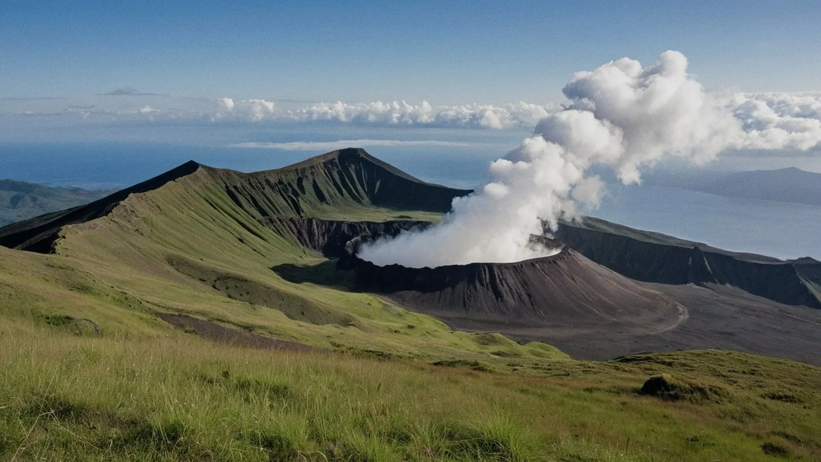阿蘇火山火口廣闊的綠色草原，周圍是灰黑色火山峭壁，中央冒出白色蒸氣