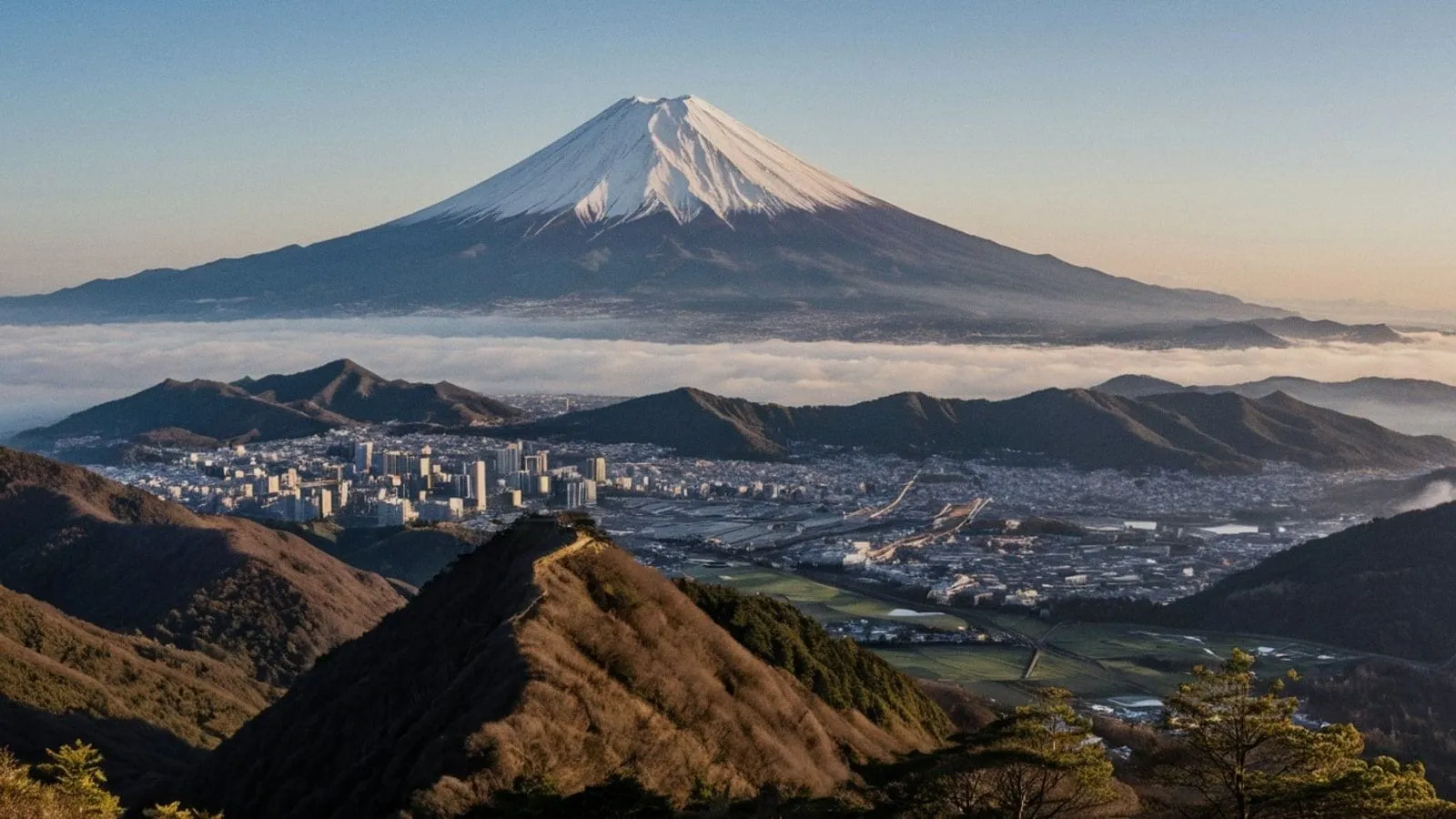 從日本平眺望富士山，雲海之上白雪覆頂的山峰