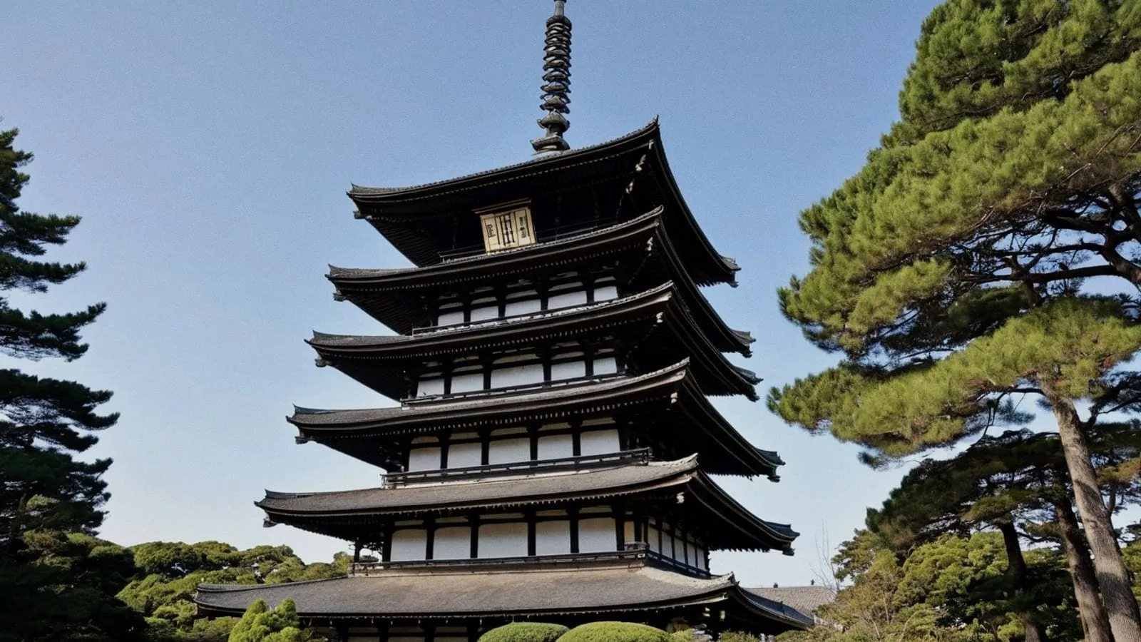 京都東寺五重塔以深褐木結構與灰瓦屋頂矗立於庭園中，藍天下綠松環繞