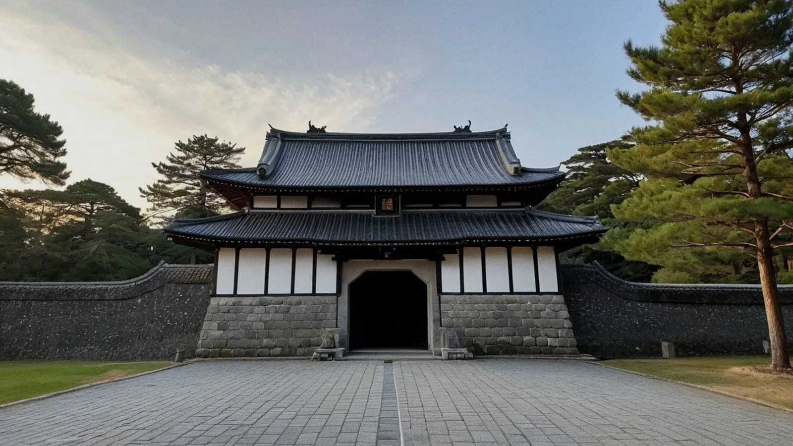 佐賀城鯱之門的黃昏景色，黑瓦屋頂與石牆