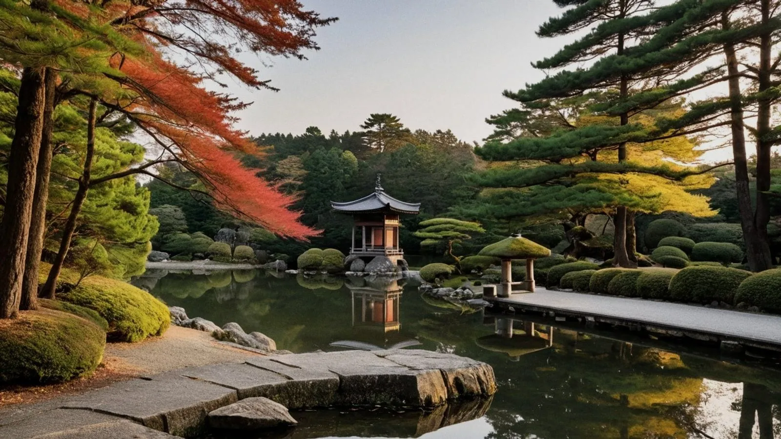 金澤兼六園的蟹戶燈籠矗立於霞池水畔，周圍松樹與秋色映照在平靜的水面上。