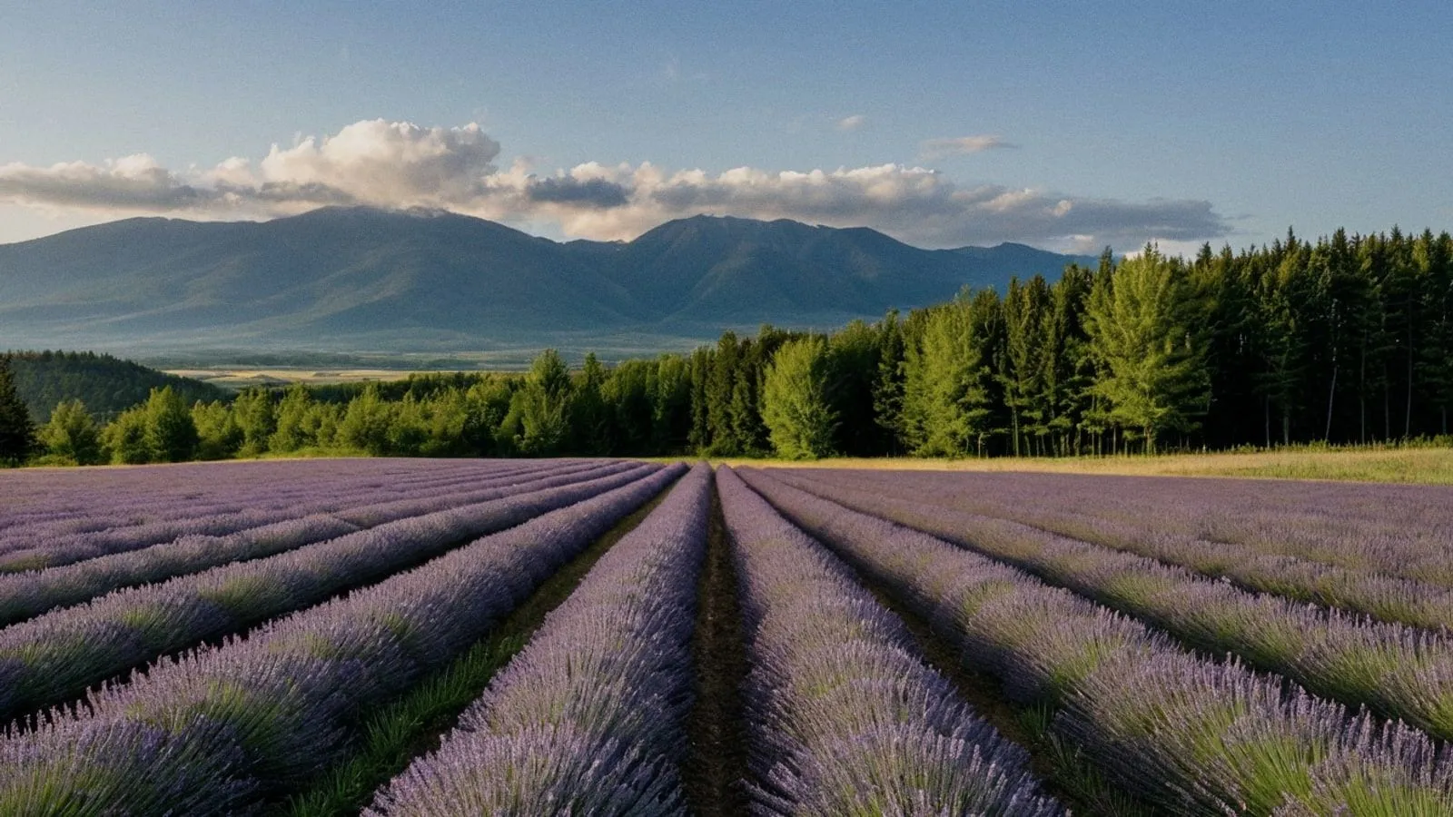 北海道富良野富田農場的薰衣草花田，紫色花行延伸向遠方山丘與藍天。