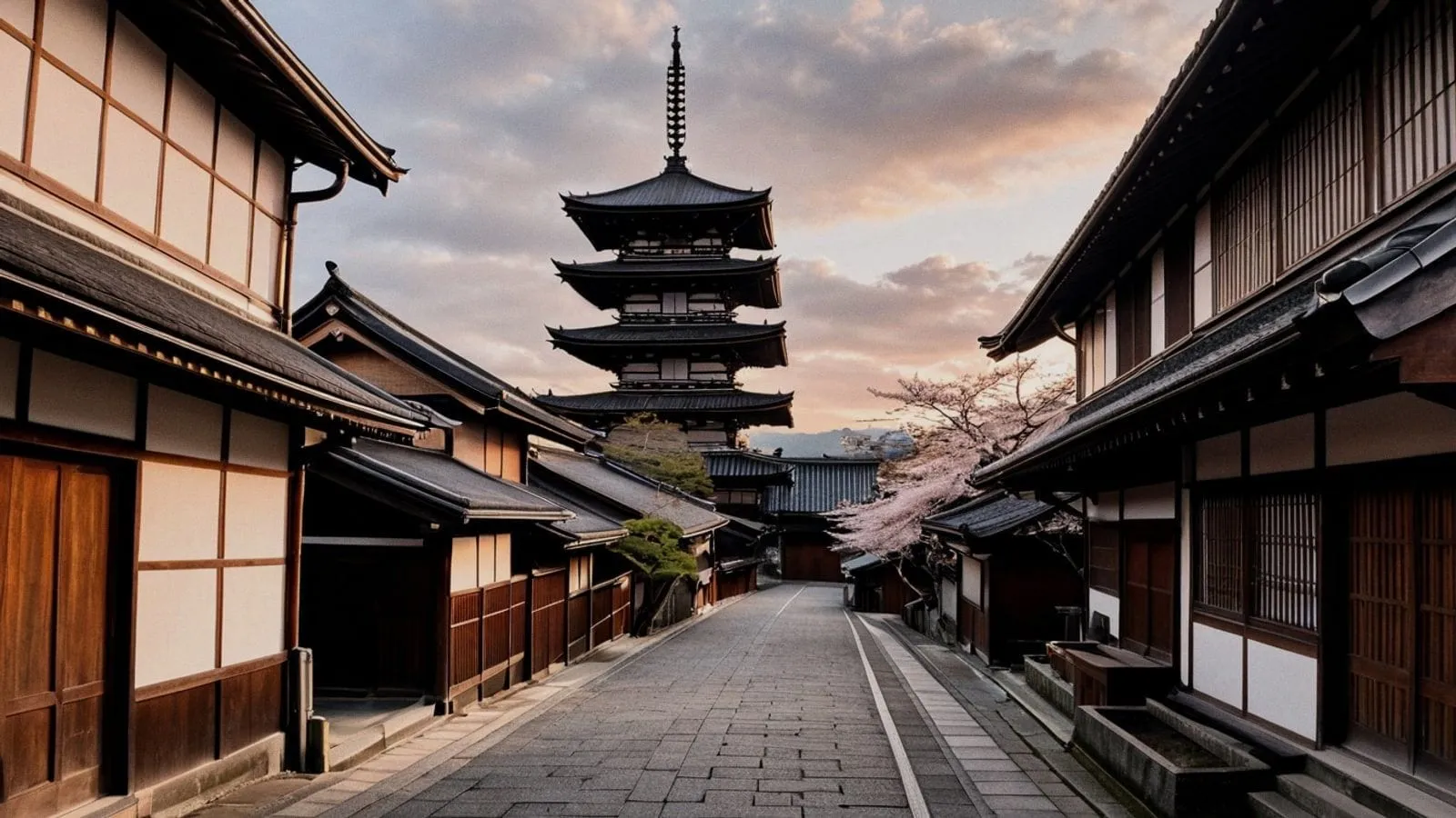 夕陽下的八坂塔矗立於東山屋頂之間，二年坂石階旁開著淡粉色櫻花