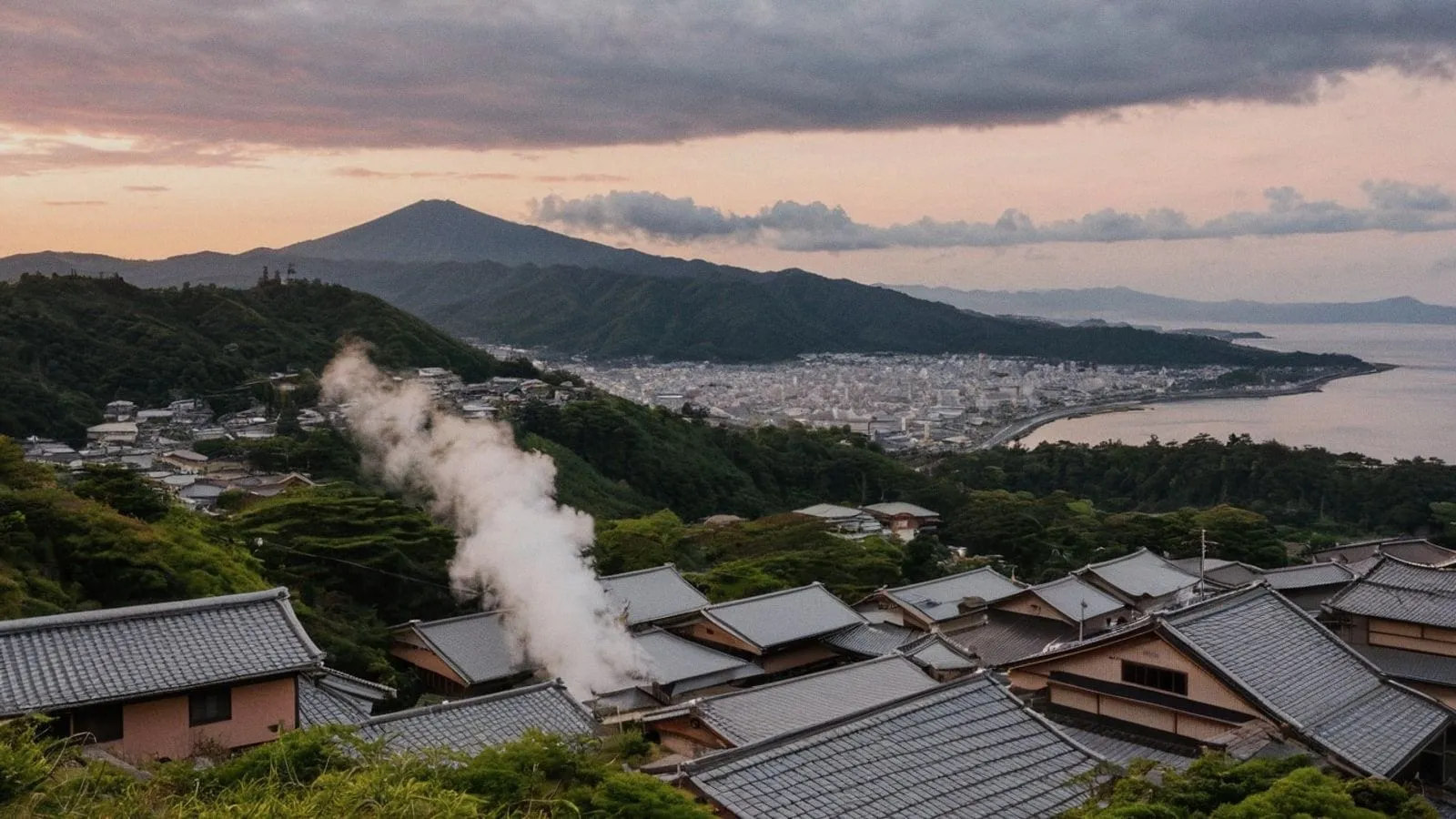 別府鎮斜坡上升起的溫泉蒸氣，遠方是別府灣與藍天