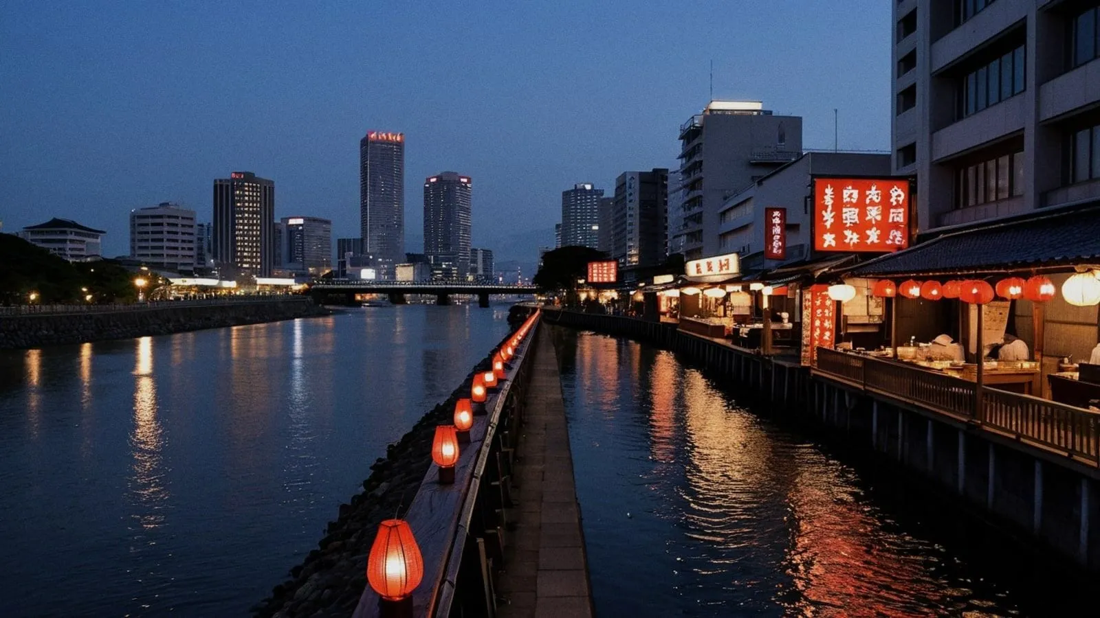 黃昏的中洲河畔，沿岸屋台掛著紅燈籠，倒映在水面