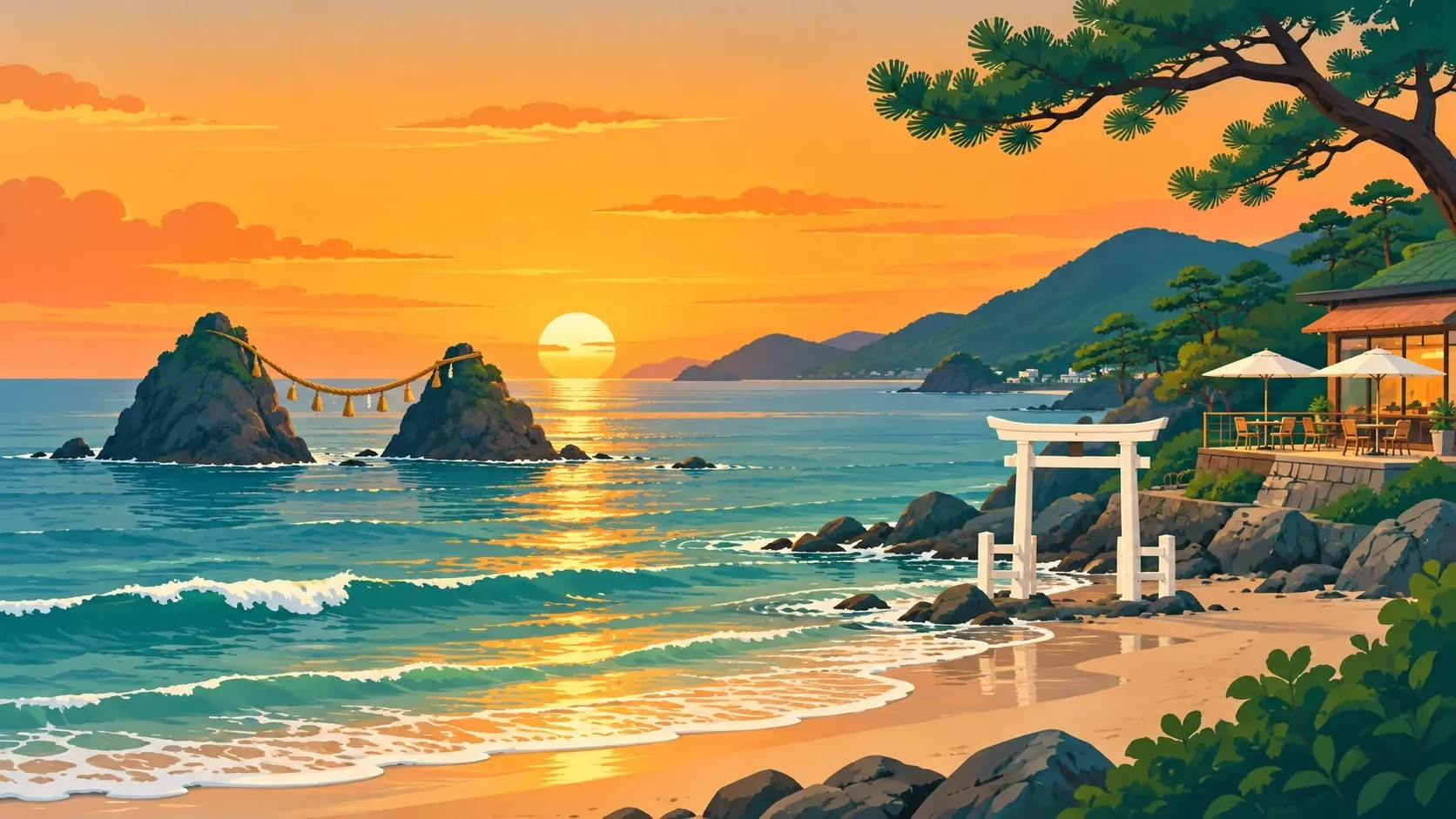 海邊夕陽插圖：海中兩塊岩石連著草繩、白色鳥居與海岸咖啡店