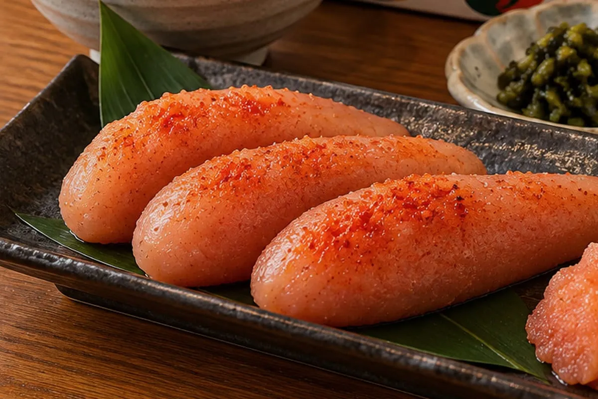 Fukuya Aji no Mentaiko: Three mentaiko placed side by side on a dark rectangular plate, with pickled takana