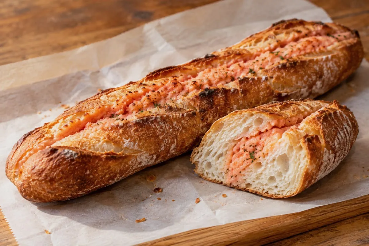 Mentai France: A long French loaf slit and filled with mentaiko spread, with a sliced portion beside it