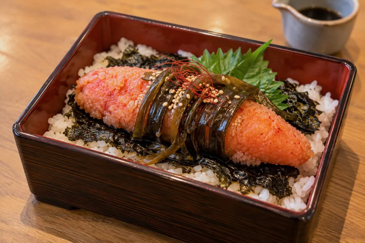 Mentaiju: White rice and nori in a lacquered box topped with a whole mentaiko, with strips of kombu, white sesame and shiso