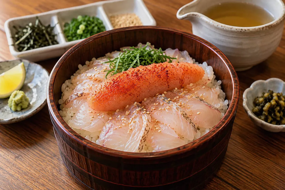 Mentai-mabushi: Slices of sea bream and a whole mentaiko on rice in a wooden tub, with takana, yuzu, wasabi and dashi