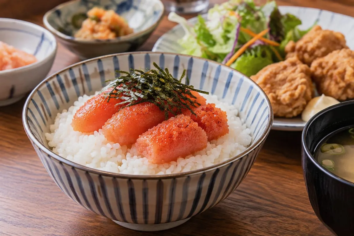 Mentaiko set meal: Rice topped with mentaiko pieces and nori, with fried chicken, salad, miso soup and side dishes