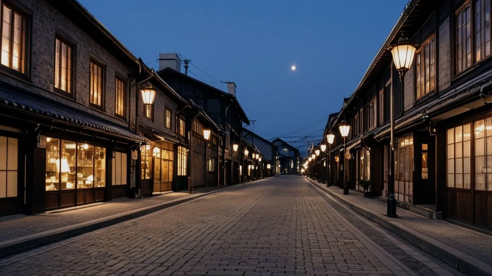 小樽堺町通黃昏景色，歷史磚石建築與玻璃工藝店