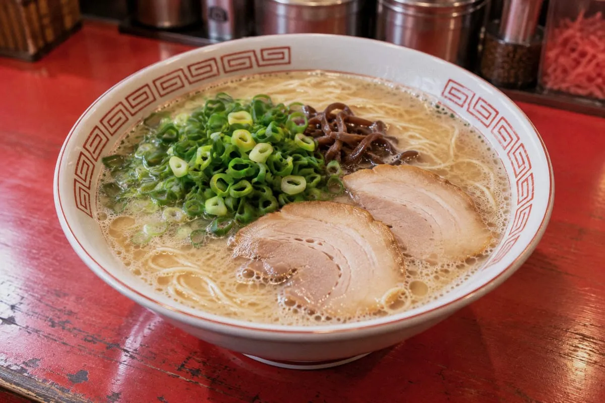 Hakata Daruma tonkotsu ramen in a white bowl with a red geometric border, with clear soup, chashu pork, shredded wood-ear mushrooms, and spring onions