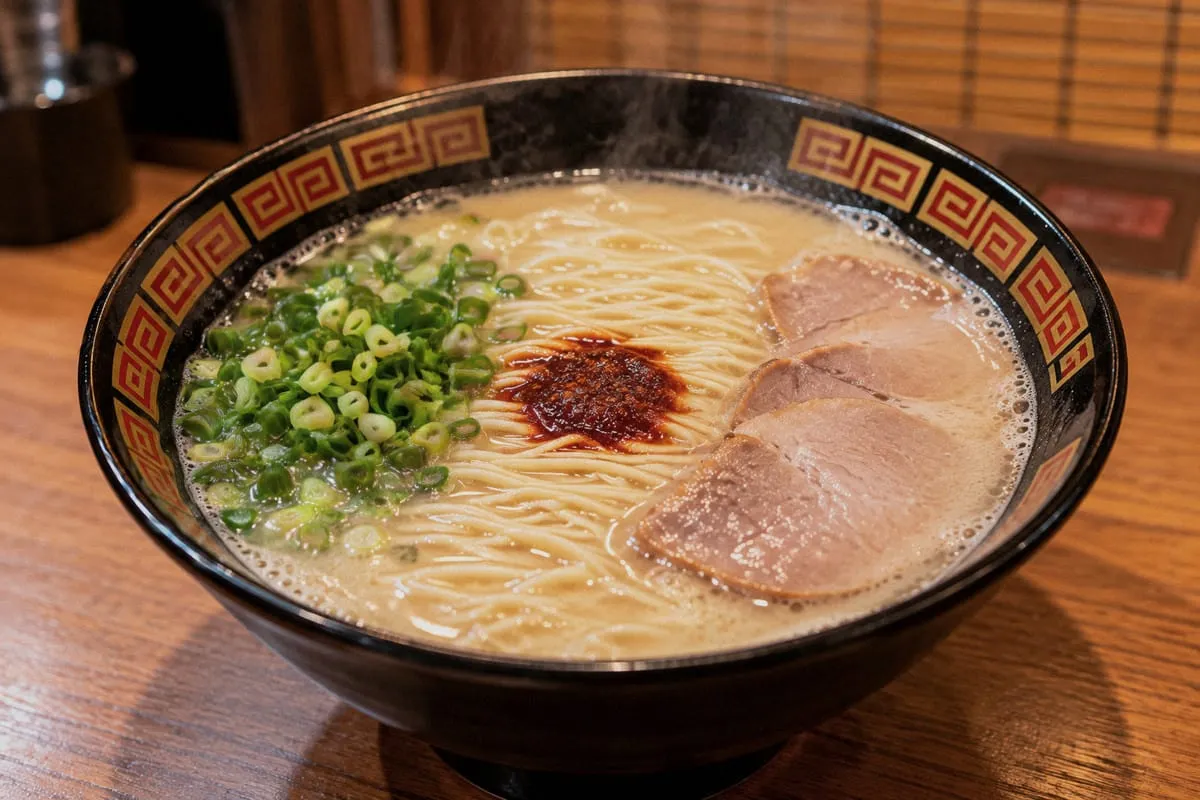 Ichiran tonkotsu ramen with chashu pork, spring onions, and red secret sauce in the bowl