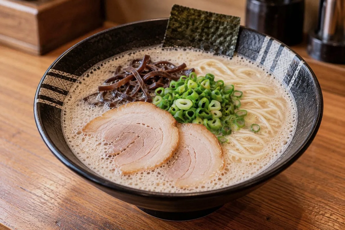 Hakata Issou frothy tonkotsu ramen with fine bubbles on the soup, chashu pork, shredded wood-ear mushrooms, spring onions, and nori