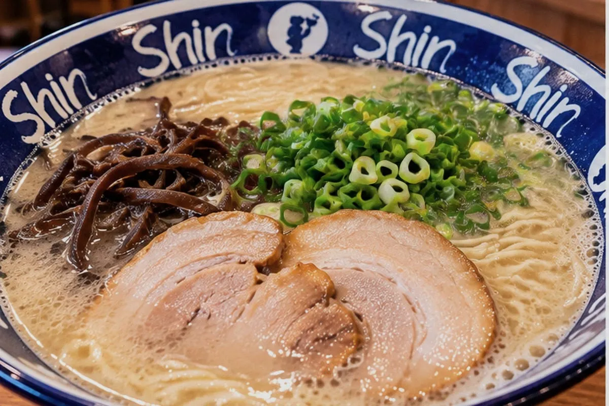 Close-up of ShinShin tonkotsu ramen in a blue bowl printed with the shop name, with chashu pork, shredded wood-ear mushrooms, and spring onions
