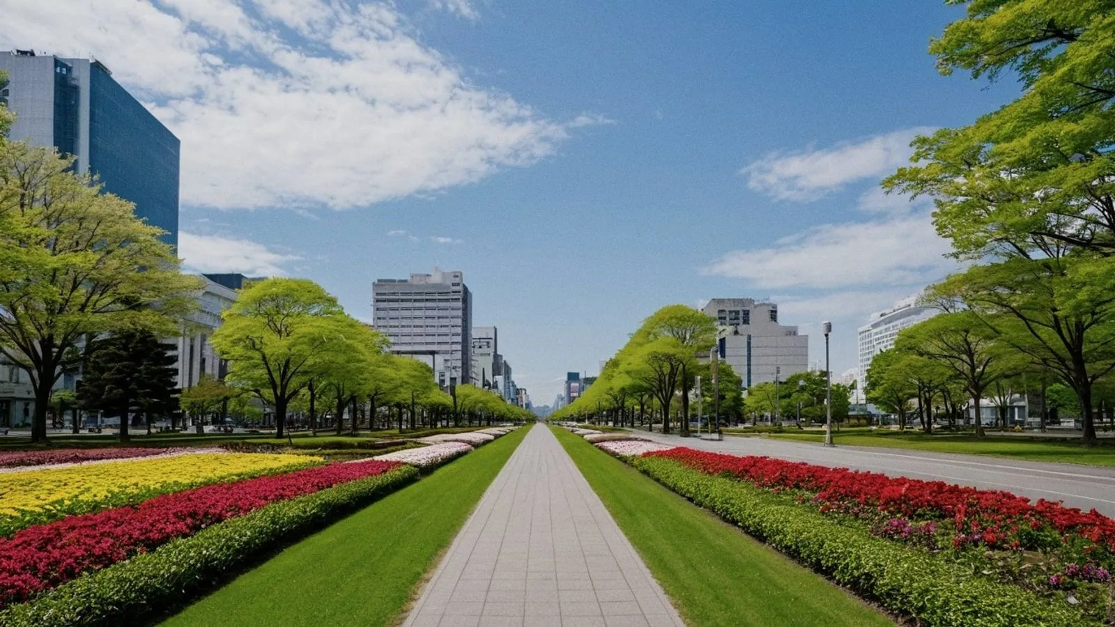 札幌電視塔矗立於大通公園東端的藍天下