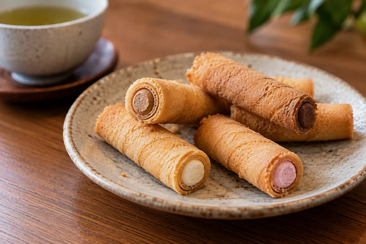 Tirolian: rolled crisp biscuits containing white, pink and chocolate-coloured cream fillings