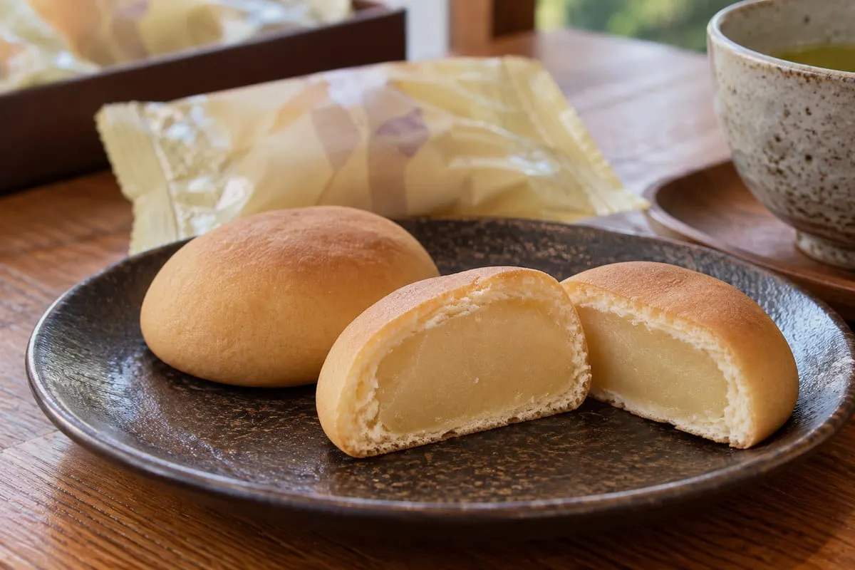 Hakata Torimon: round buns with white filling visible in a cut section, with wrapping paper and green tea behind