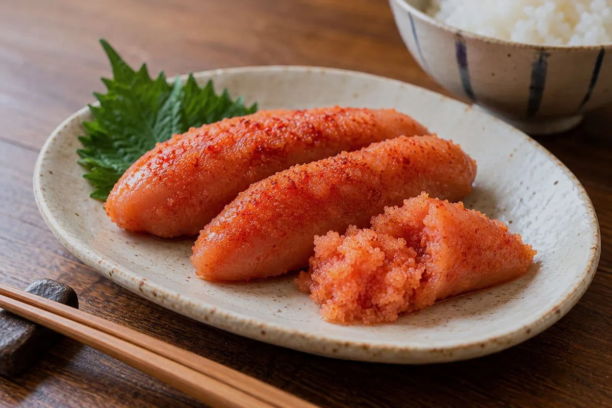Fukuya Aji no Mentaiko: whole mentaiko and an opened portion on a plate, with shiso leaves and white rice