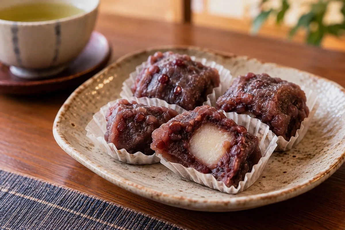 Hakata Burabura: red bean mochi in paper cups, with white mochi visible inside a cut piece