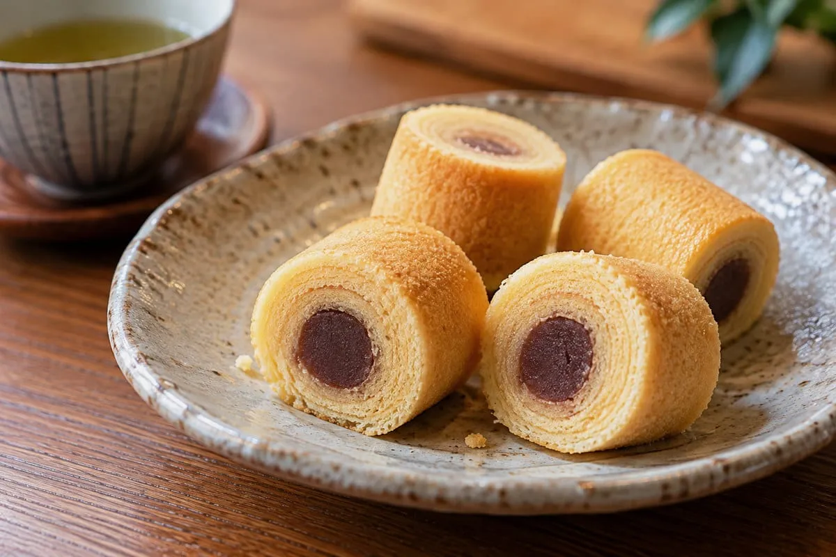 Hakata no Hito: sliced cake rolls with red bean filling in the centre, served with green tea