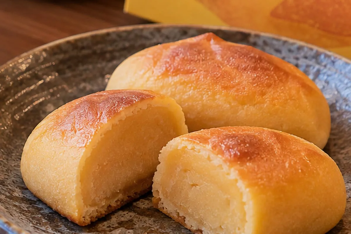 Hakata Potato: golden baked sweets with the filling visible in a cut section and a yellow box behind