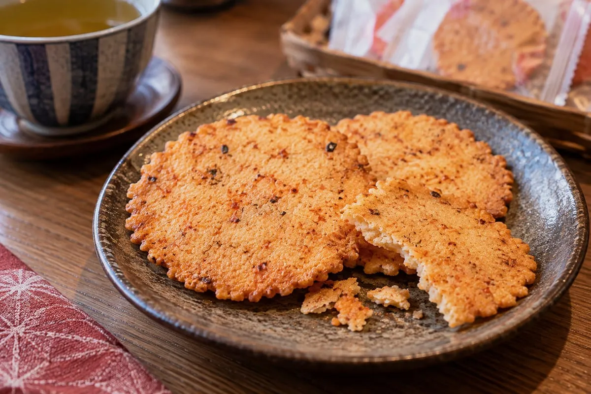 Menbei: thin, crisp mentaiko-flavoured rice crackers on a plate, with tea and packaging nearby