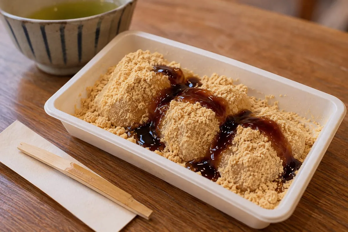 Tsukushi Mochi: boxed mochi coated in soybean flour and drizzled with dark syrup, with a bamboo pick and green tea
